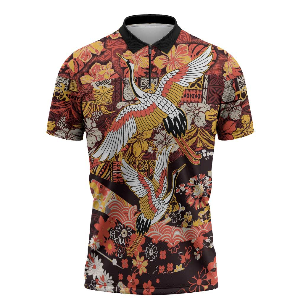 Japanese Hawaiian Crane Zipper Polo Shirt Yellow Ochre Tapa Patchwork Pattern