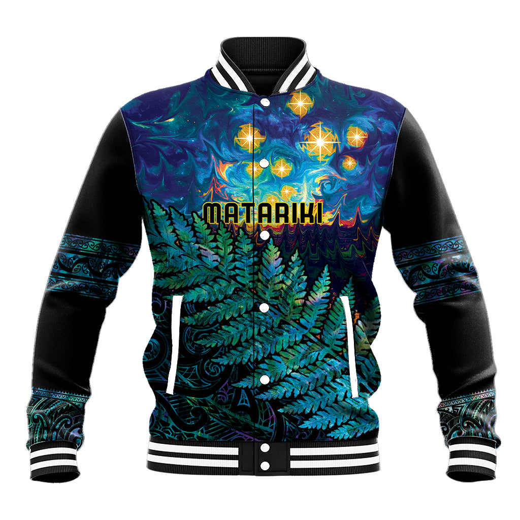 Matariki Te Tau Hou Maori Baseball Jacket New Zealand Silver Fern Night Starry Sky LT9 Unisex Black - Polynesian Pride