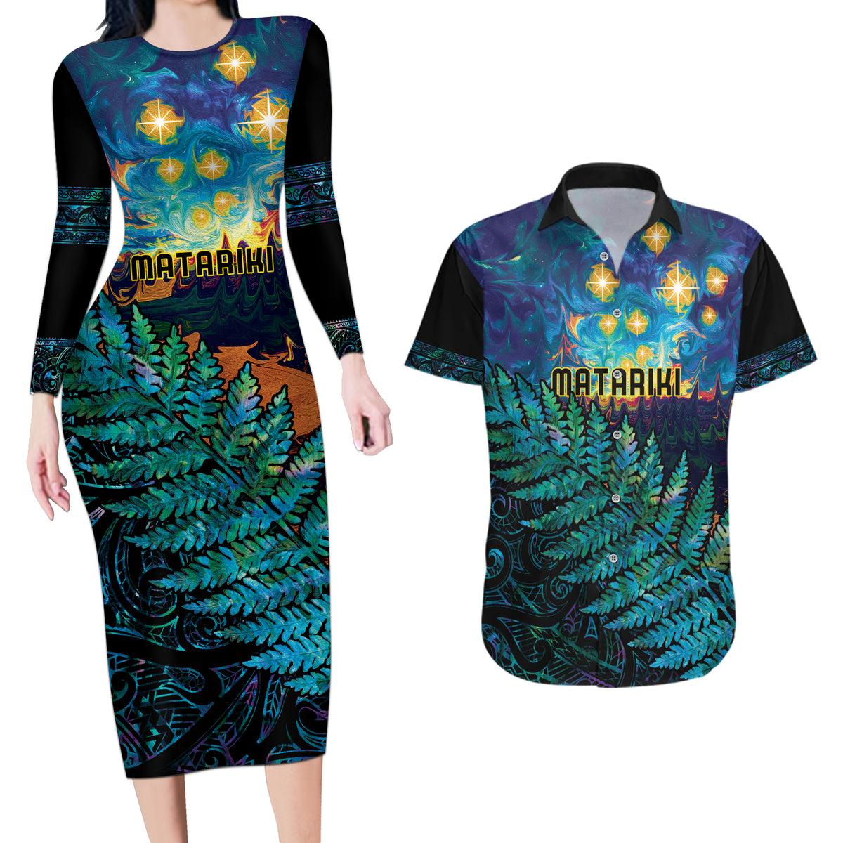 Matariki Te Tau Hou Maori Couples Matching Long Sleeve Bodycon Dress and Hawaiian Shirt New Zealand Silver Fern Night Starry Sky LT9 Black - Polynesian Pride