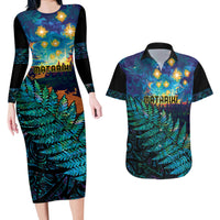 Matariki Te Tau Hou Maori Couples Matching Long Sleeve Bodycon Dress and Hawaiian Shirt New Zealand Silver Fern Night Starry Sky LT9 Black - Polynesian Pride