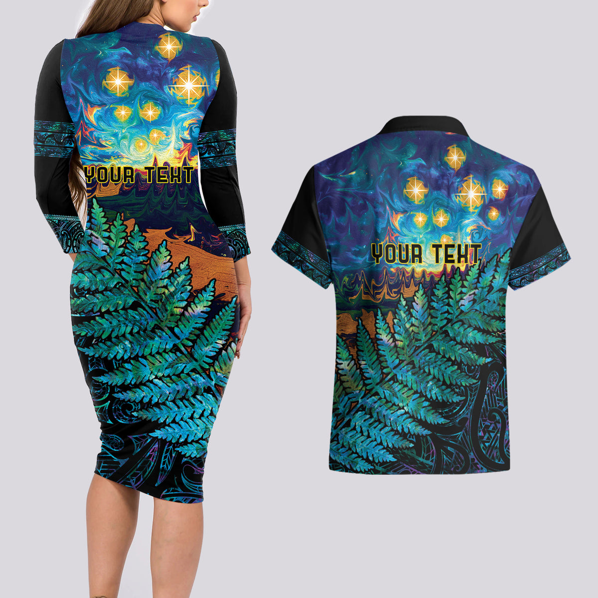 Matariki Te Tau Hou Maori Couples Matching Long Sleeve Bodycon Dress and Hawaiian Shirt New Zealand Silver Fern Night Starry Sky LT9 - Polynesian Pride
