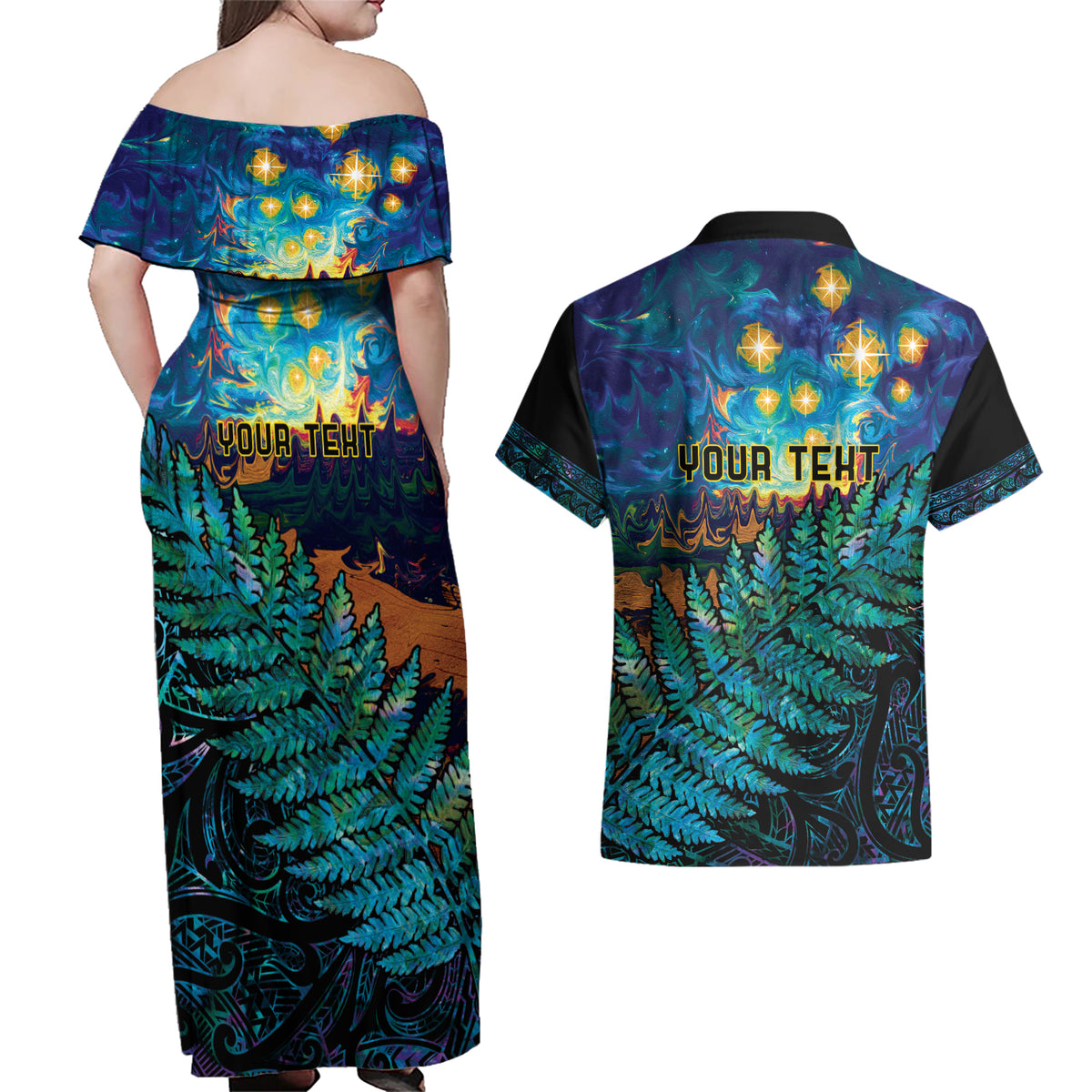 Matariki Te Tau Hou Maori Couples Matching Off Shoulder Maxi Dress and Hawaiian Shirt New Zealand Silver Fern Night Starry Sky LT9 - Polynesian Pride