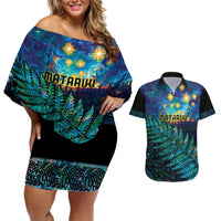 Matariki Te Tau Hou Maori Couples Matching Off Shoulder Short Dress and Hawaiian Shirt New Zealand Silver Fern Night Starry Sky LT9 Black - Polynesian Pride