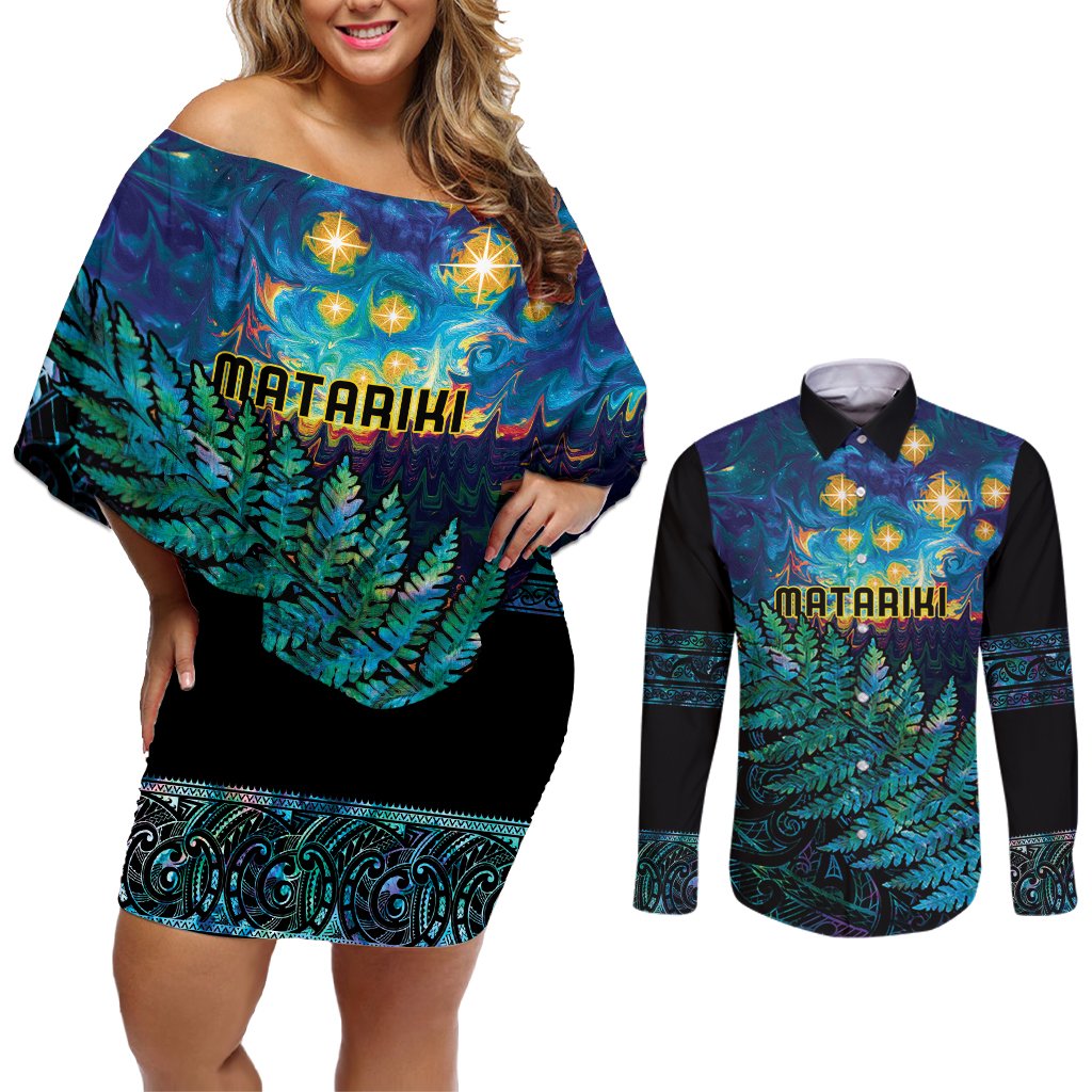 Matariki Te Tau Hou Maori Couples Matching Off Shoulder Short Dress and Long Sleeve Button Shirt New Zealand Silver Fern Night Starry Sky LT9 Black - Polynesian Pride