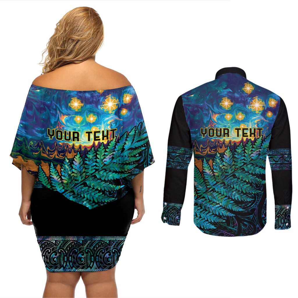 Matariki Te Tau Hou Maori Couples Matching Off Shoulder Short Dress and Long Sleeve Button Shirt New Zealand Silver Fern Night Starry Sky LT9 - Polynesian Pride