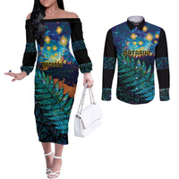 Matariki Te Tau Hou Maori Couples Matching Off The Shoulder Long Sleeve Dress and Long Sleeve Button Shirt New Zealand Silver Fern Night Starry Sky LT9 Black - Polynesian Pride