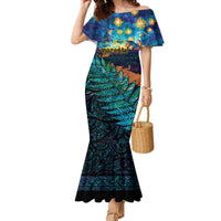 Matariki Te Tau Hou Maori Family Matching Mermaid Dress and Hawaiian Shirt New Zealand Silver Fern Night Starry Sky LT9 Mom's Dress Black - Polynesian Pride