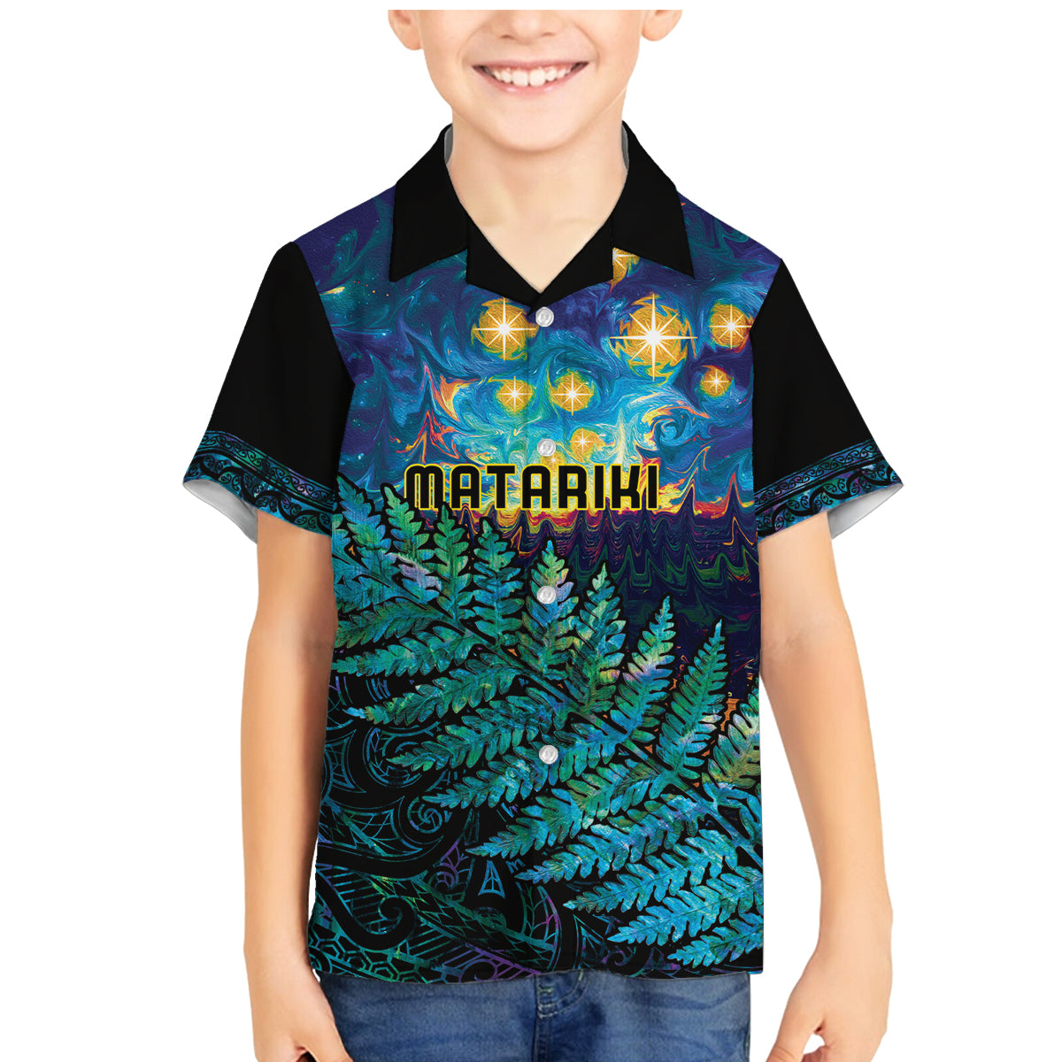 Matariki Te Tau Hou Maori Family Matching Mermaid Dress and Hawaiian Shirt New Zealand Silver Fern Night Starry Sky LT9 Son's Shirt Black - Polynesian Pride