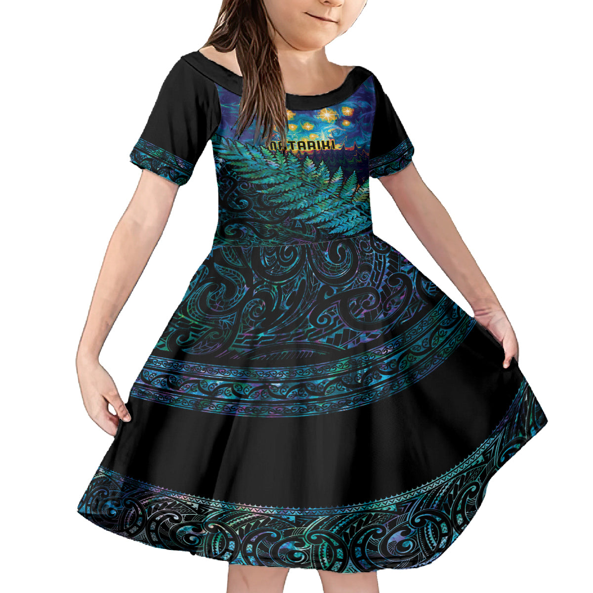 Matariki Te Tau Hou Maori Family Matching Off Shoulder Maxi Dress and Hawaiian Shirt New Zealand Silver Fern Night Starry Sky LT9 Daughter's Dress Black - Polynesian Pride