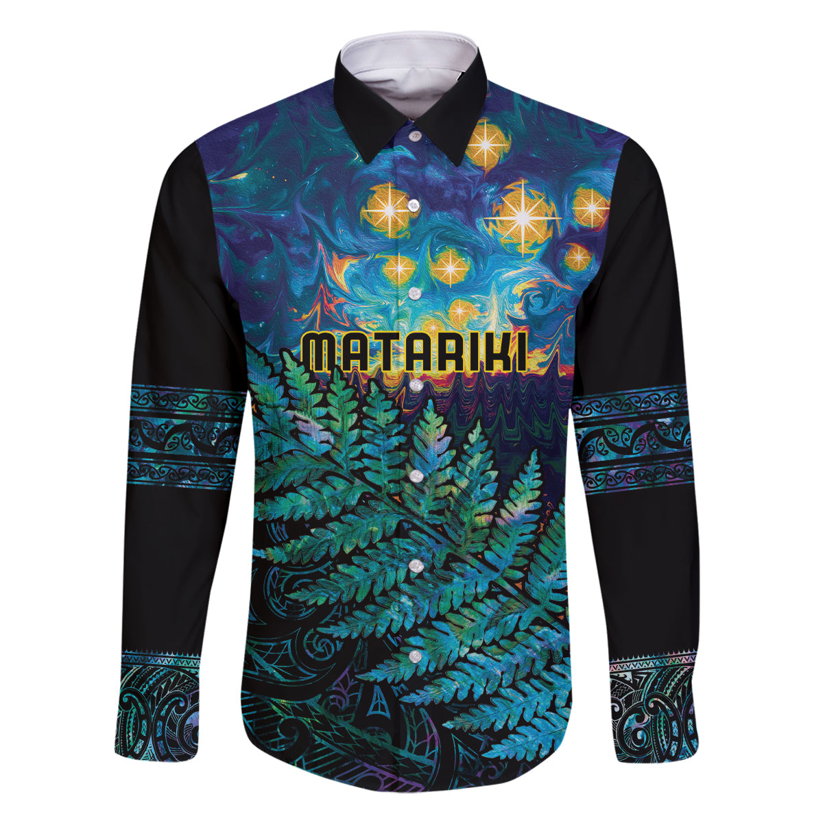 Matariki Te Tau Hou Maori Family Matching Off Shoulder Maxi Dress and Hawaiian Shirt New Zealand Silver Fern Night Starry Sky LT9 Dad's Shirt - Long Sleeve Black - Polynesian Pride