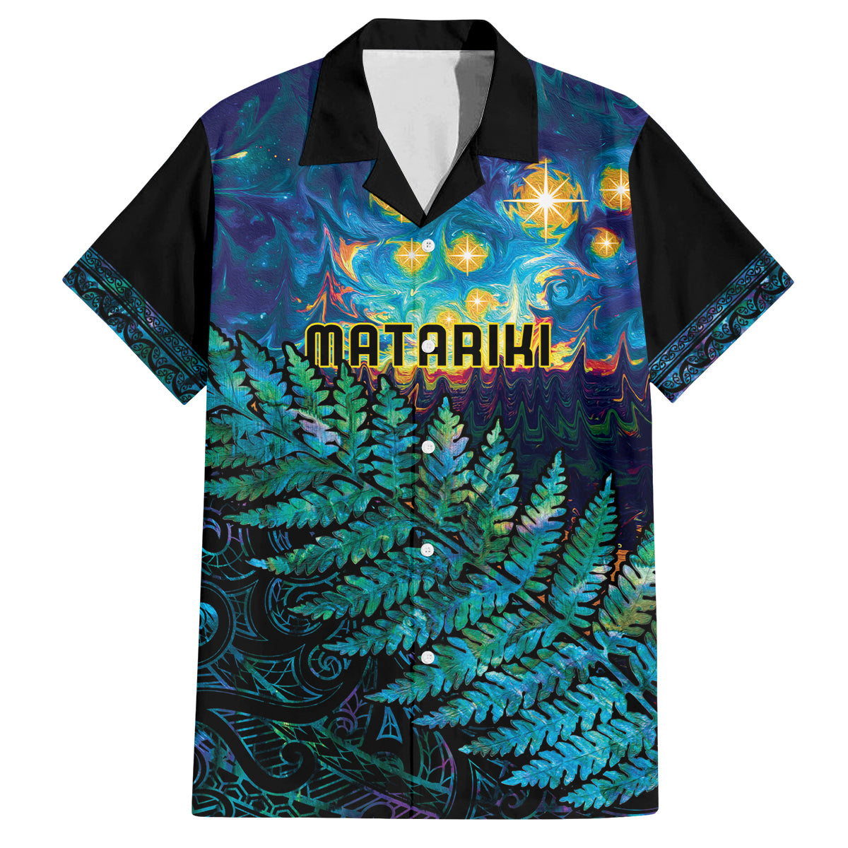 Matariki Te Tau Hou Maori Family Matching Off Shoulder Short Dress and Hawaiian Shirt New Zealand Silver Fern Night Starry Sky LT9 Dad's Shirt - Short Sleeve Black - Polynesian Pride