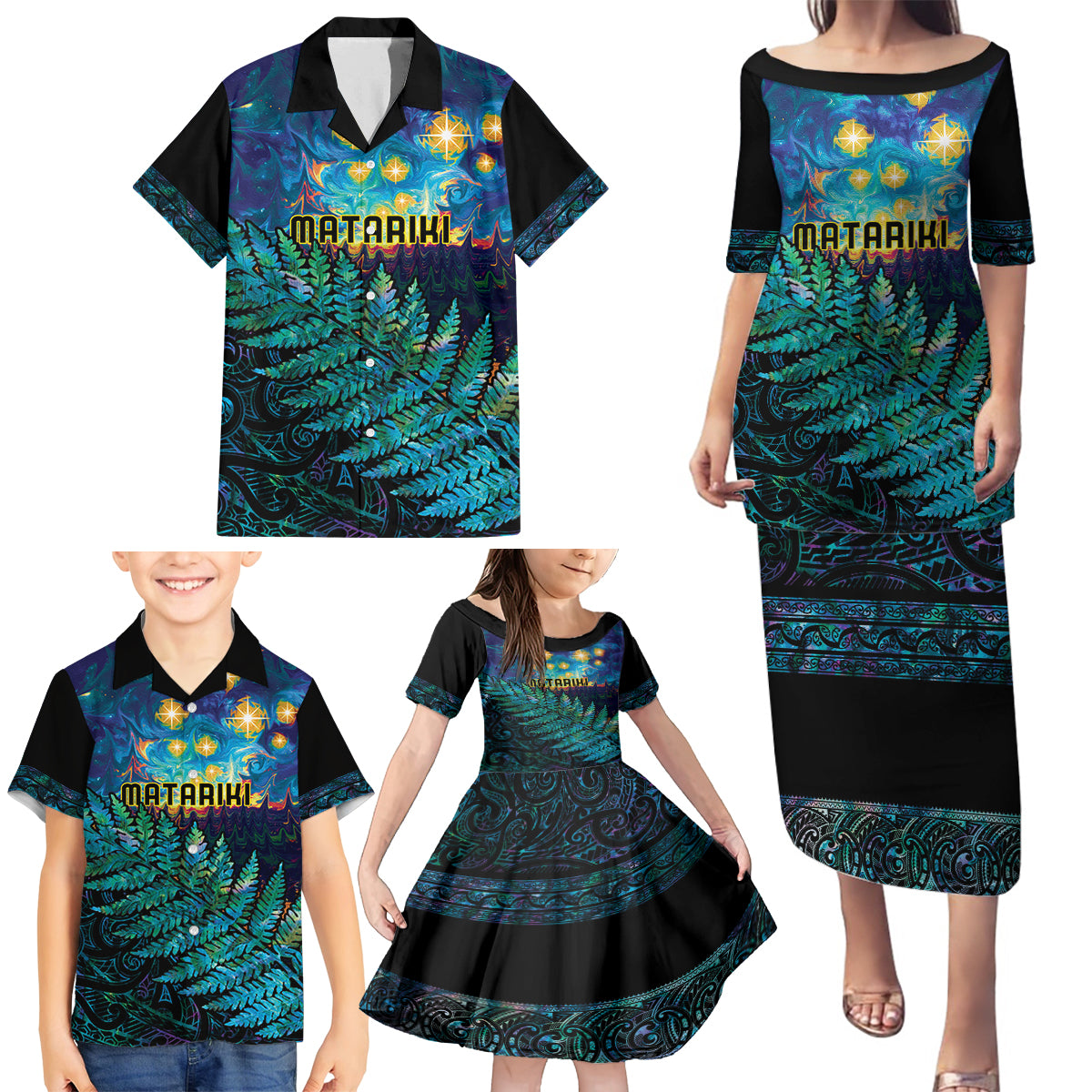Matariki Te Tau Hou Maori Family Matching Puletasi and Hawaiian Shirt New Zealand Silver Fern Night Starry Sky LT9 - Polynesian Pride