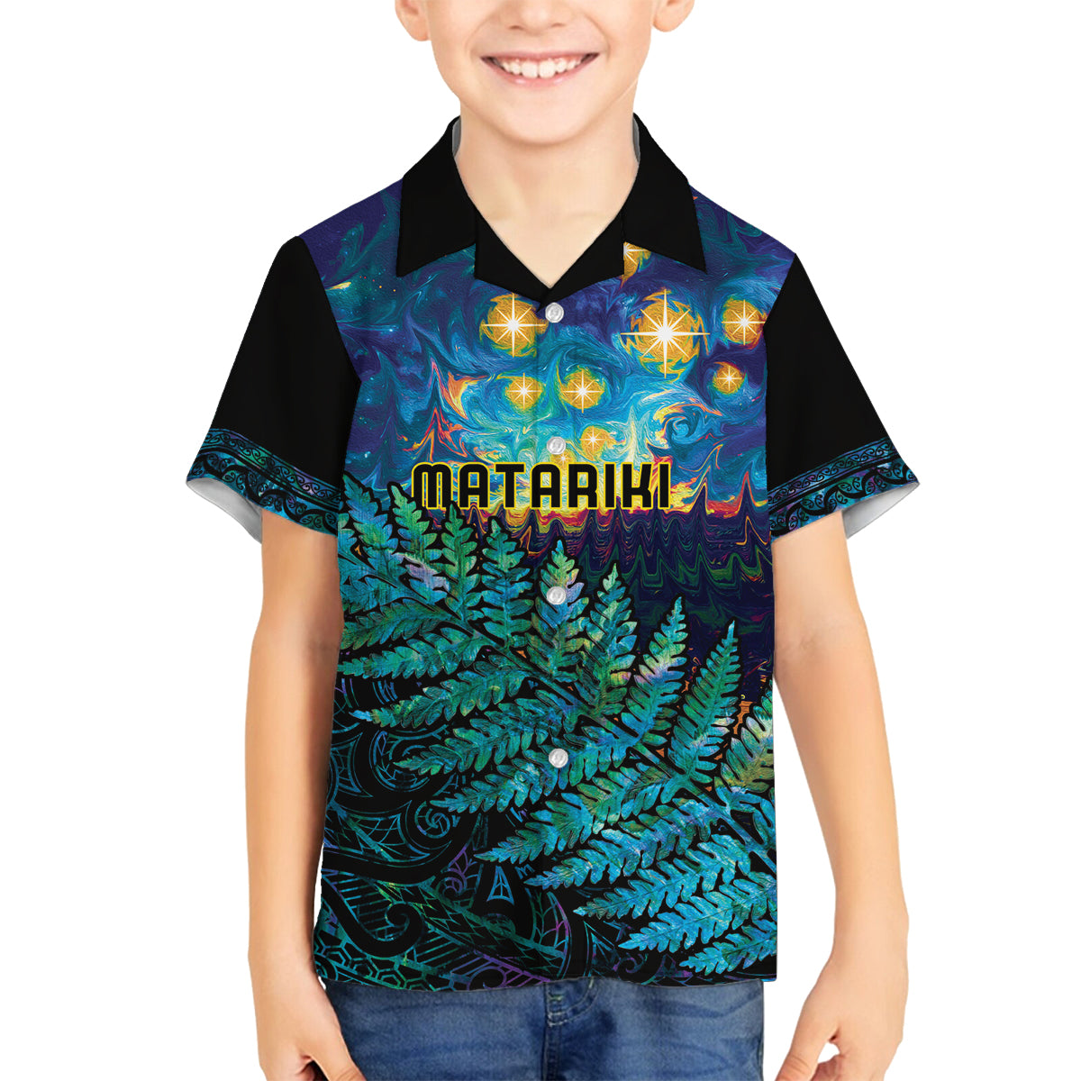 Matariki Te Tau Hou Maori Family Matching Puletasi and Hawaiian Shirt New Zealand Silver Fern Night Starry Sky LT9 Son's Shirt Black - Polynesian Pride