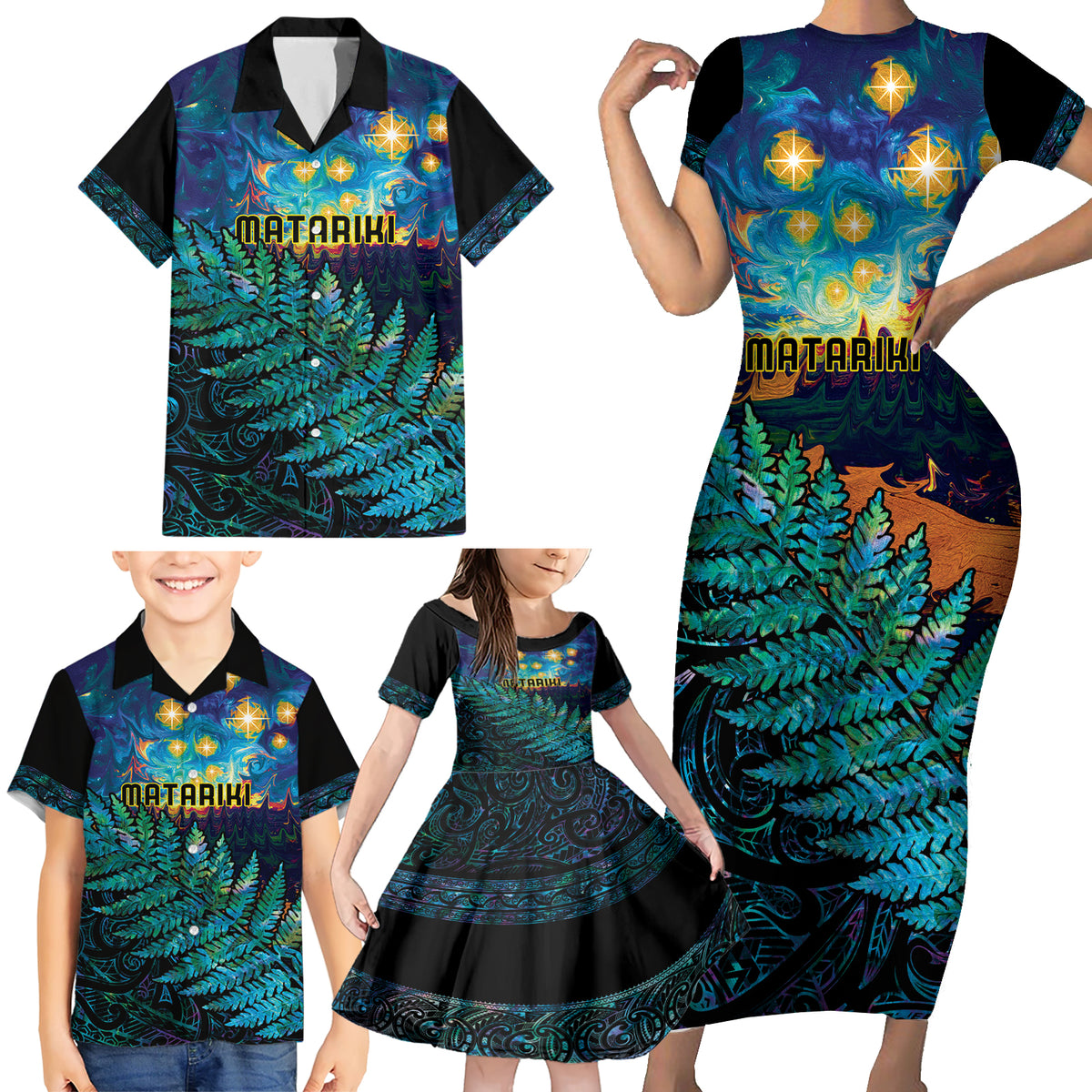 Matariki Te Tau Hou Maori Family Matching Short Sleeve Bodycon Dress and Hawaiian Shirt New Zealand Silver Fern Night Starry Sky LT9 - Polynesian Pride