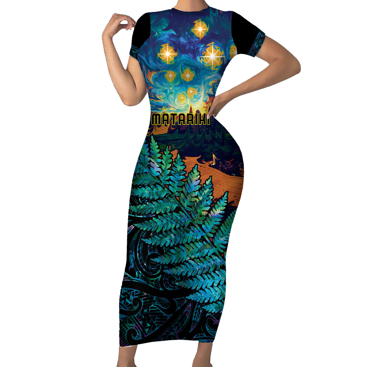 Matariki Te Tau Hou Maori Short Sleeve Bodycon Dress New Zealand Silver Fern Night Starry Sky LT9 Long Dress Black - Polynesian Pride