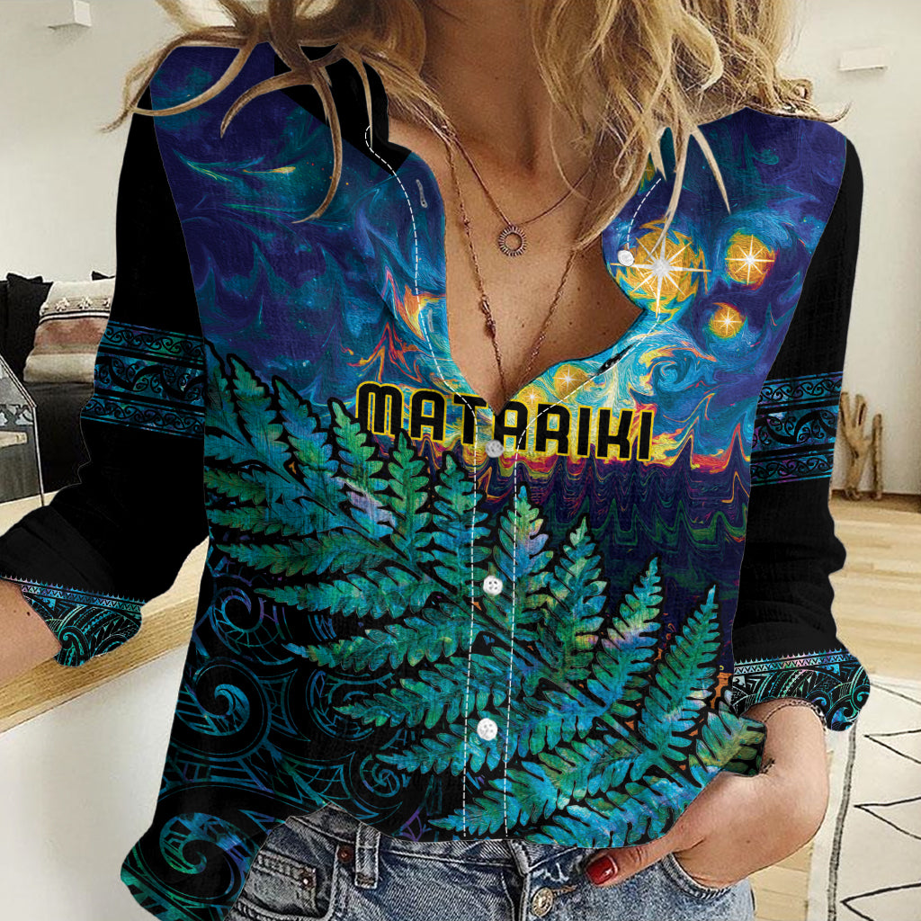 Matariki Te Tau Hou Maori Women Casual Shirt New Zealand Silver Fern Night Starry Sky LT9 Female Black - Polynesian Pride