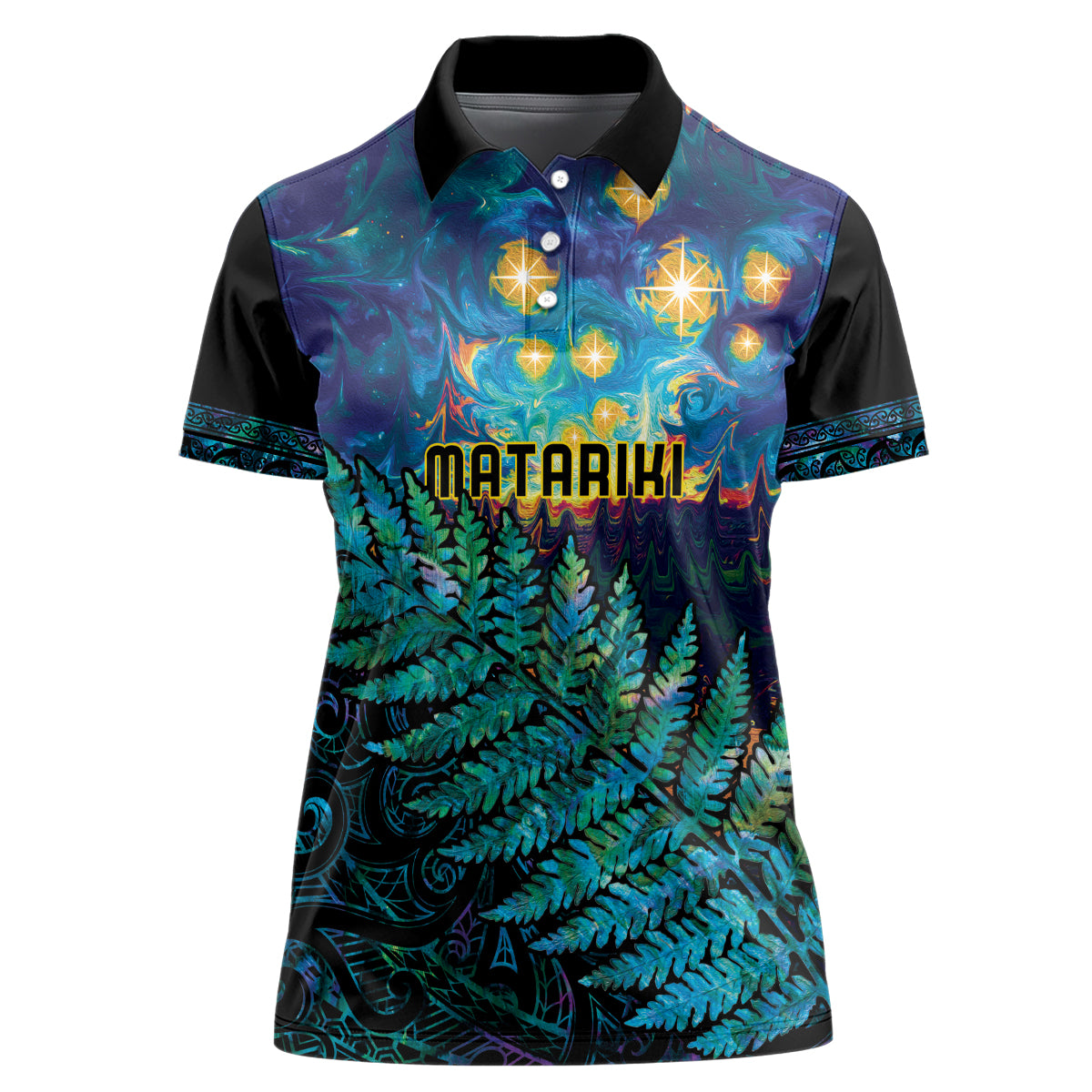 Matariki Te Tau Hou Maori Women Polo Shirt New Zealand Silver Fern Night Starry Sky LT9 Female Black - Polynesian Pride