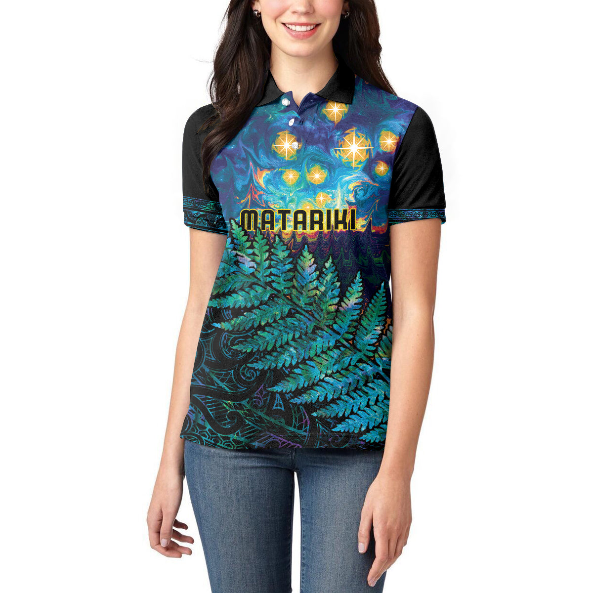 Matariki Te Tau Hou Maori Women Polo Shirt New Zealand Silver Fern Night Starry Sky LT9 - Polynesian Pride