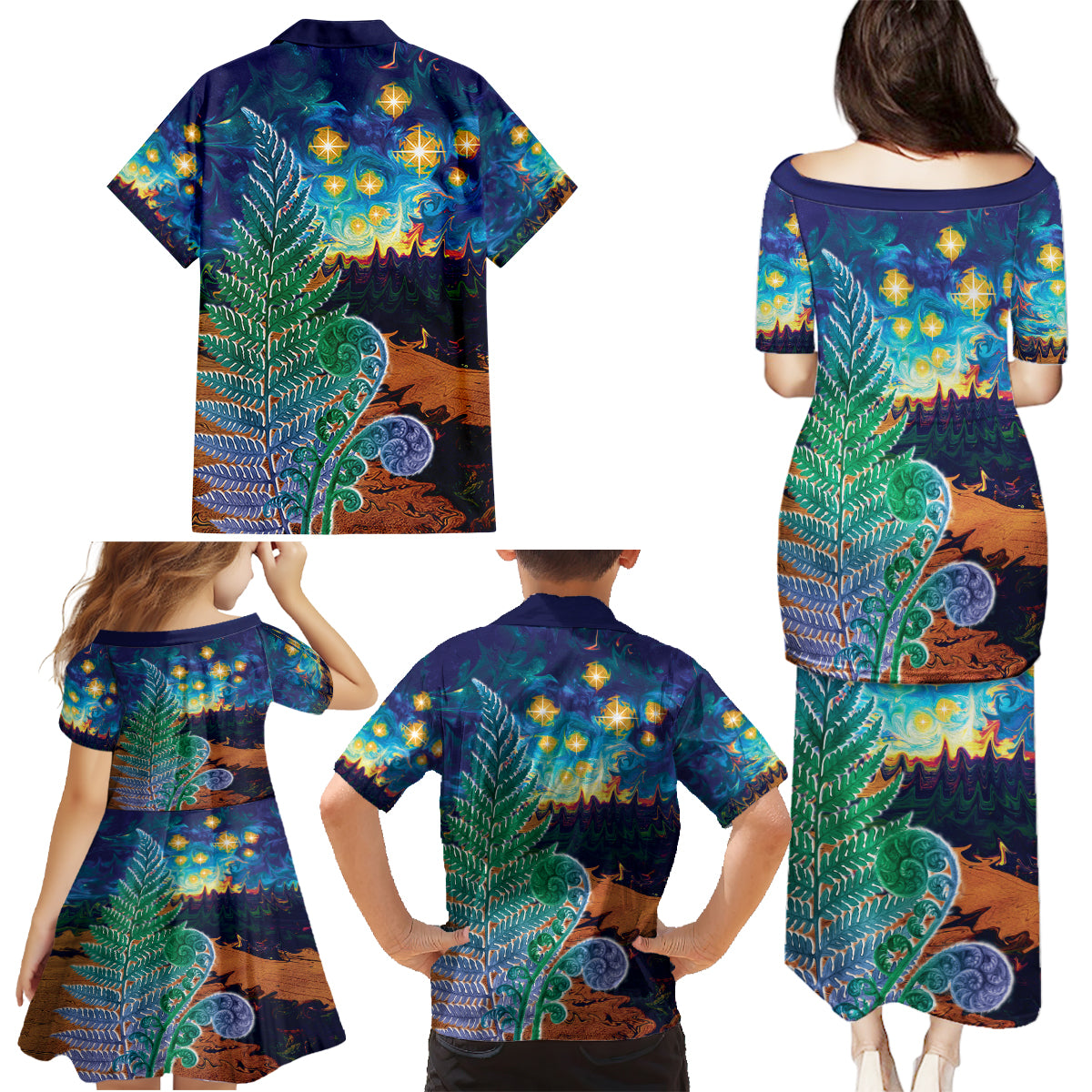 Personalised New Zealand Matariki Art Star Family Matching Puletasi and Hawaiian Shirt Koru Fern Night Starry Sky