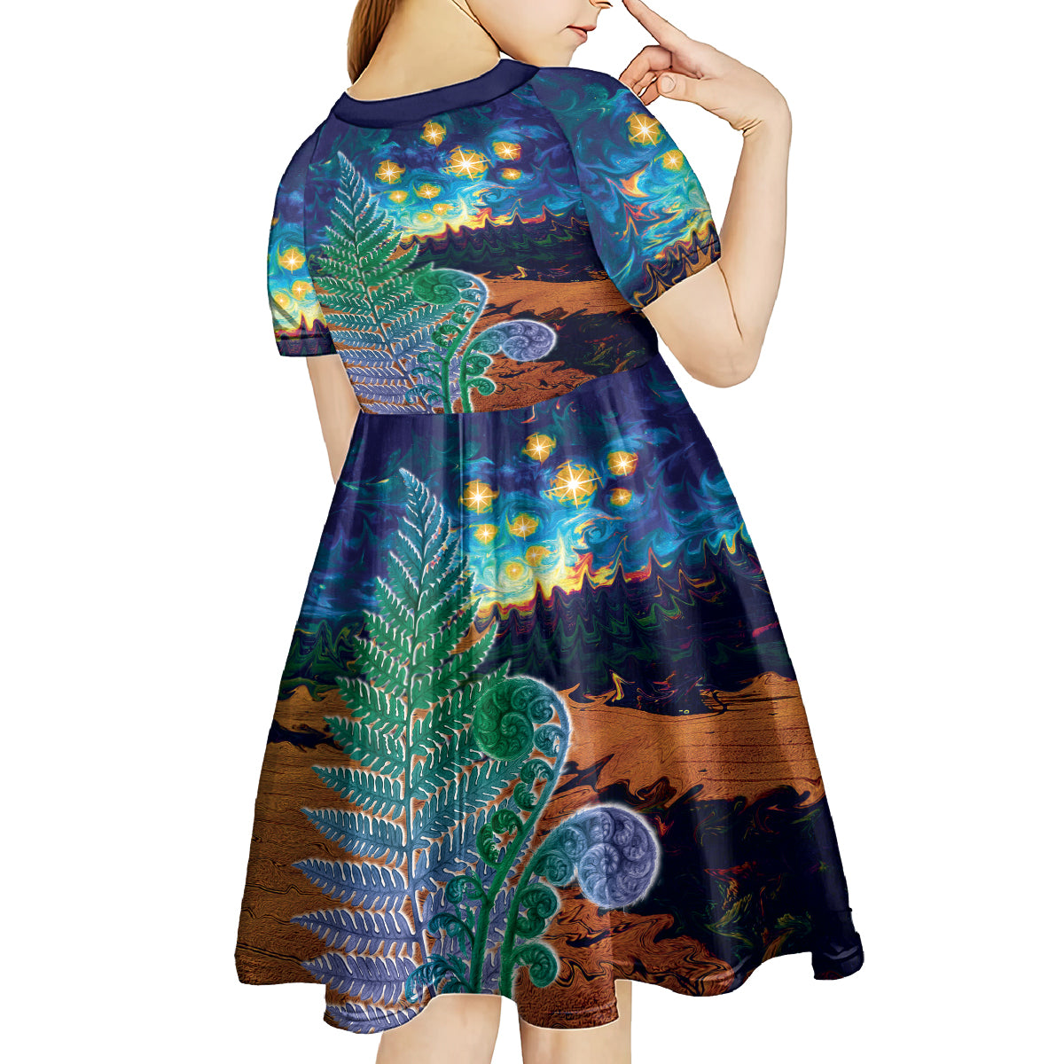 Personalised New Zealand Matariki Art Star Kid Short Sleeve Dress Koru Fern Night Starry Sky