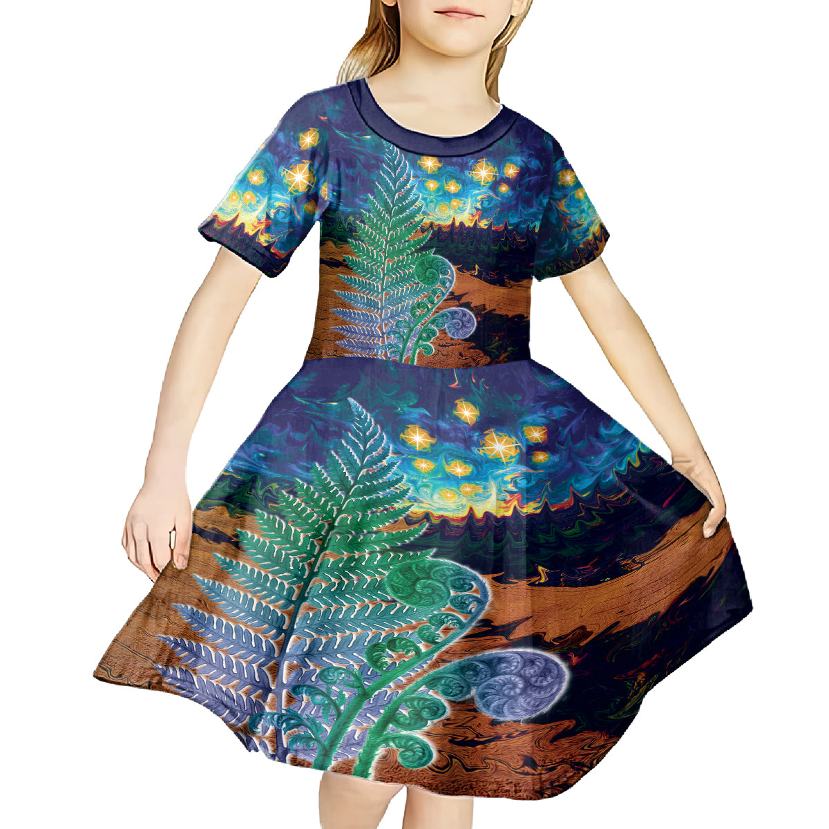 Personalised New Zealand Matariki Art Star Kid Short Sleeve Dress Koru Fern Night Starry Sky