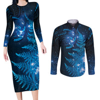 New Zealand Matariki Couples Matching Long Sleeve Bodycon Dress and Long Sleeve Button Shirt Blue Milky Way Stars Night Sky LT9 Blue - Polynesian Pride