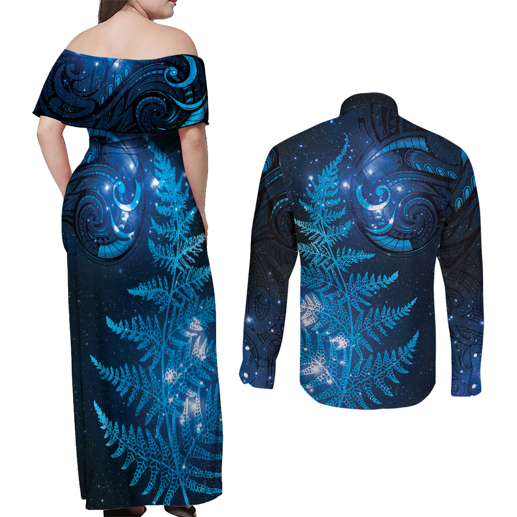 New Zealand Matariki Couples Matching Off Shoulder Maxi Dress and Long Sleeve Button Shirt Blue Milky Way Stars Night Sky LT9 - Polynesian Pride