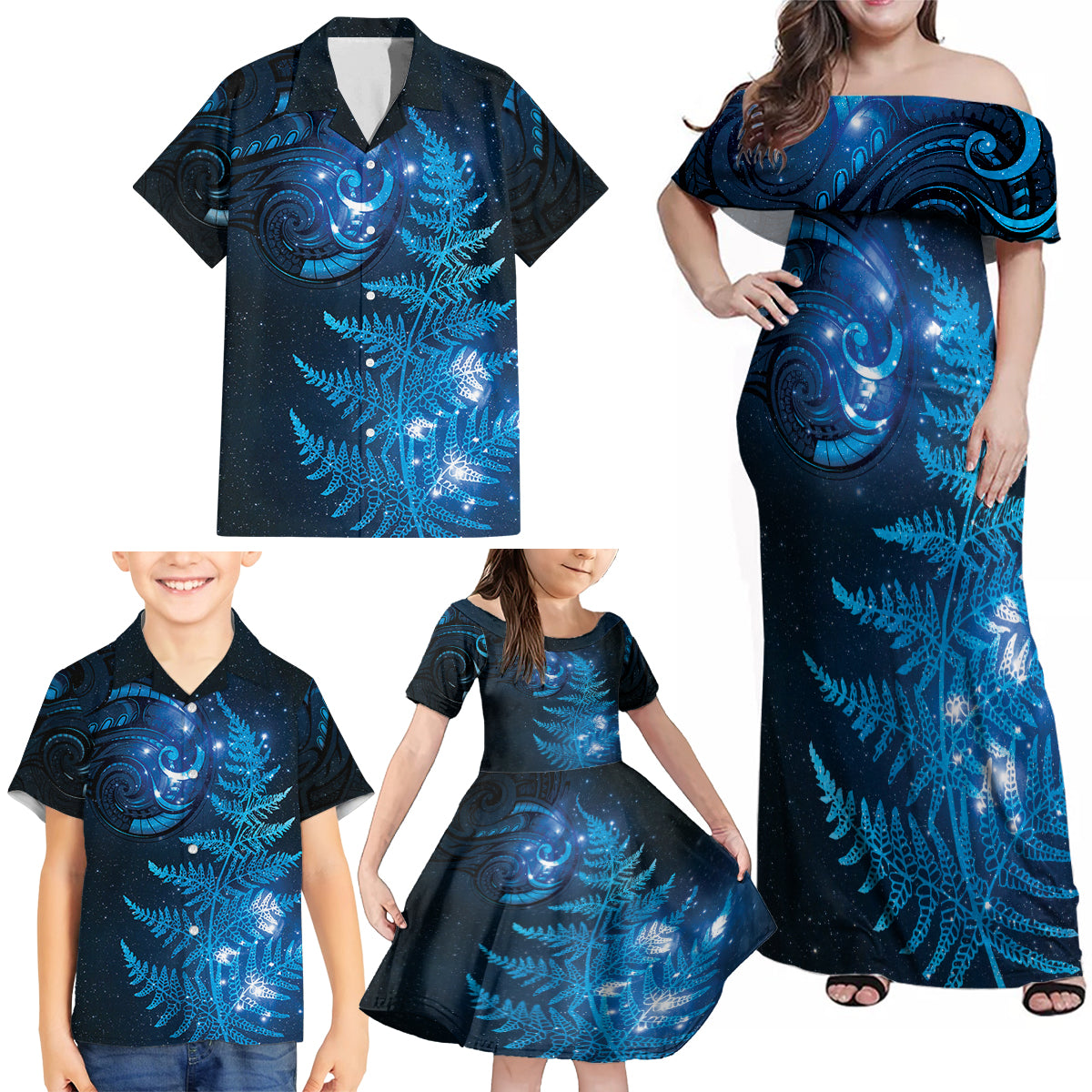 New Zealand Matariki Family Matching Off Shoulder Maxi Dress and Hawaiian Shirt Blue Milky Way Stars Night Sky LT9 - Polynesian Pride