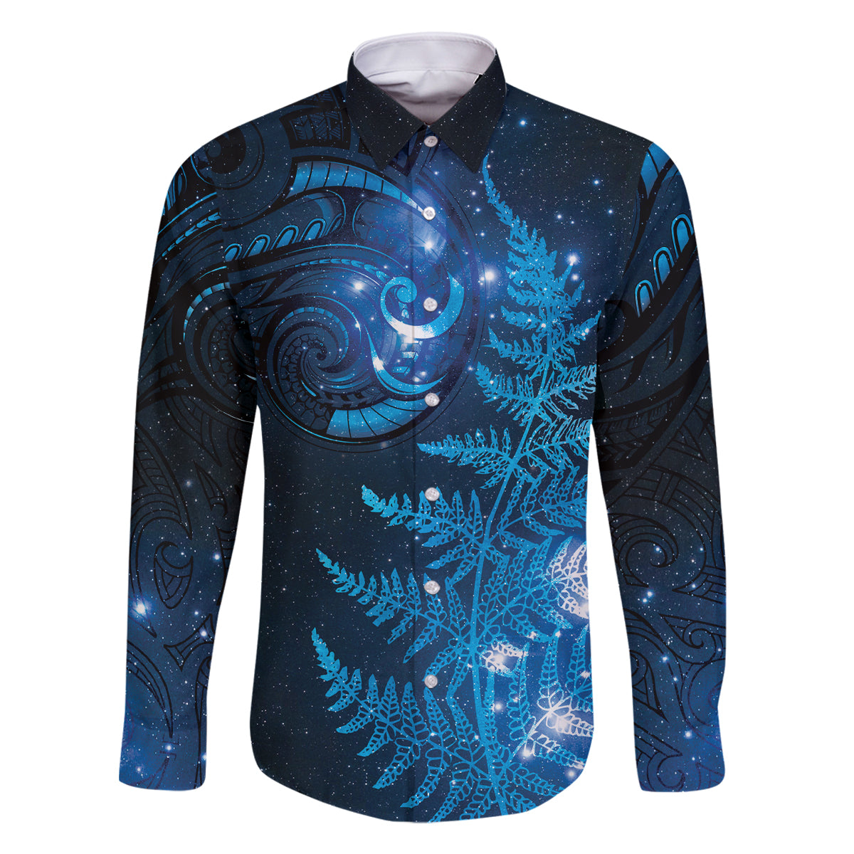 New Zealand Matariki Family Matching Off Shoulder Maxi Dress and Hawaiian Shirt Blue Milky Way Stars Night Sky LT9 Dad's Shirt - Long Sleeve Blue - Polynesian Pride