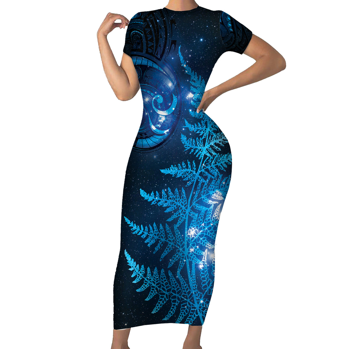 New Zealand Matariki Family Matching Short Sleeve Bodycon Dress and Hawaiian Shirt Blue Milky Way Stars Night Sky LT9 Mom's Dress Blue - Polynesian Pride