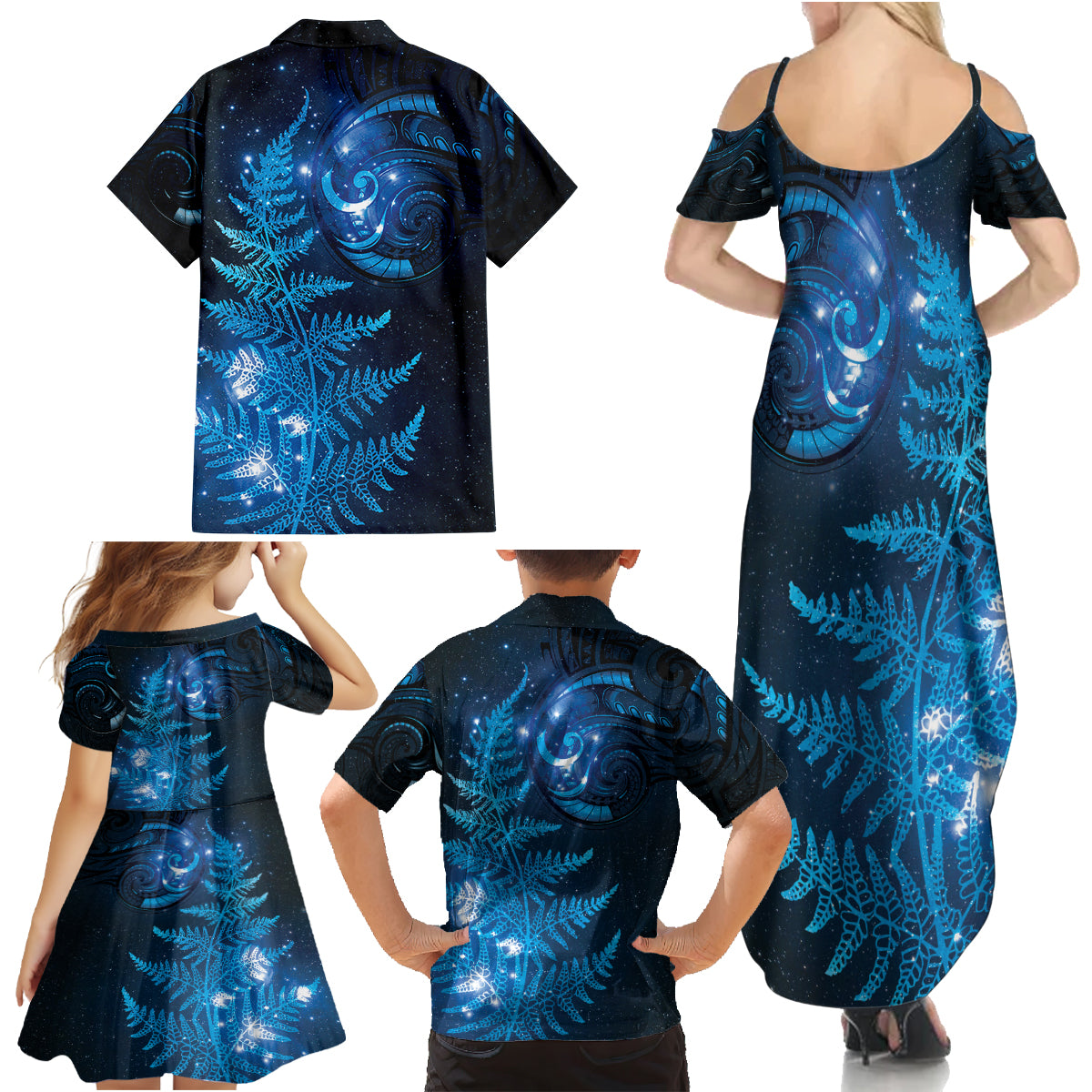 New Zealand Matariki Family Matching Summer Maxi Dress and Hawaiian Shirt Blue Milky Way Stars Night Sky LT9 - Polynesian Pride