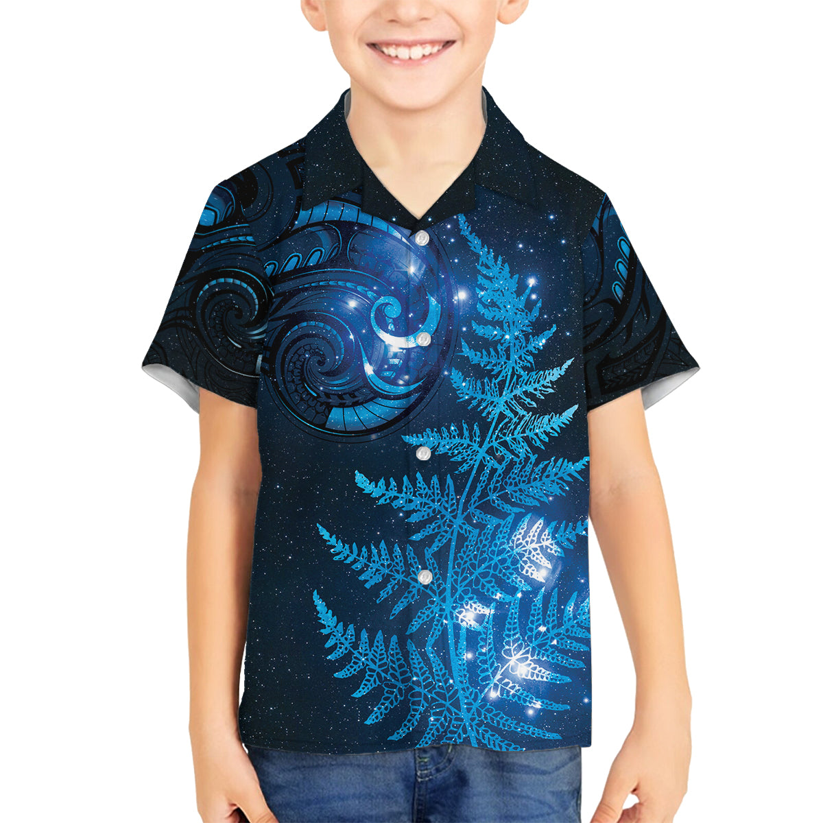 New Zealand Matariki Family Matching Summer Maxi Dress and Hawaiian Shirt Blue Milky Way Stars Night Sky LT9 Son's Shirt Blue - Polynesian Pride