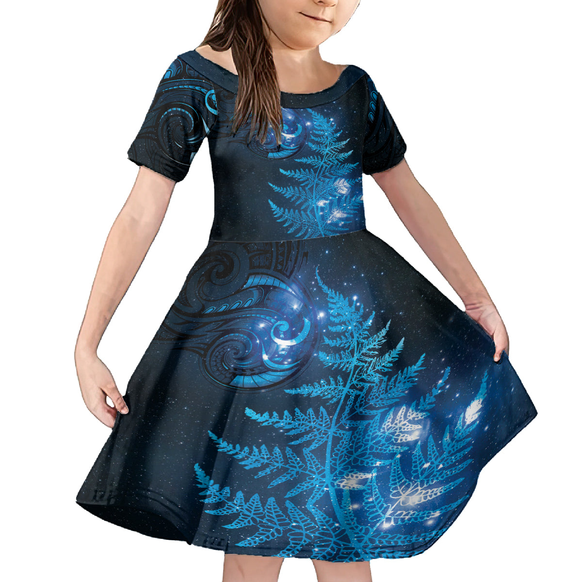 New Zealand Matariki Family Matching Tank Maxi Dress and Hawaiian Shirt Blue Milky Way Stars Night Sky LT9 Daughter's Dress Blue - Polynesian Pride