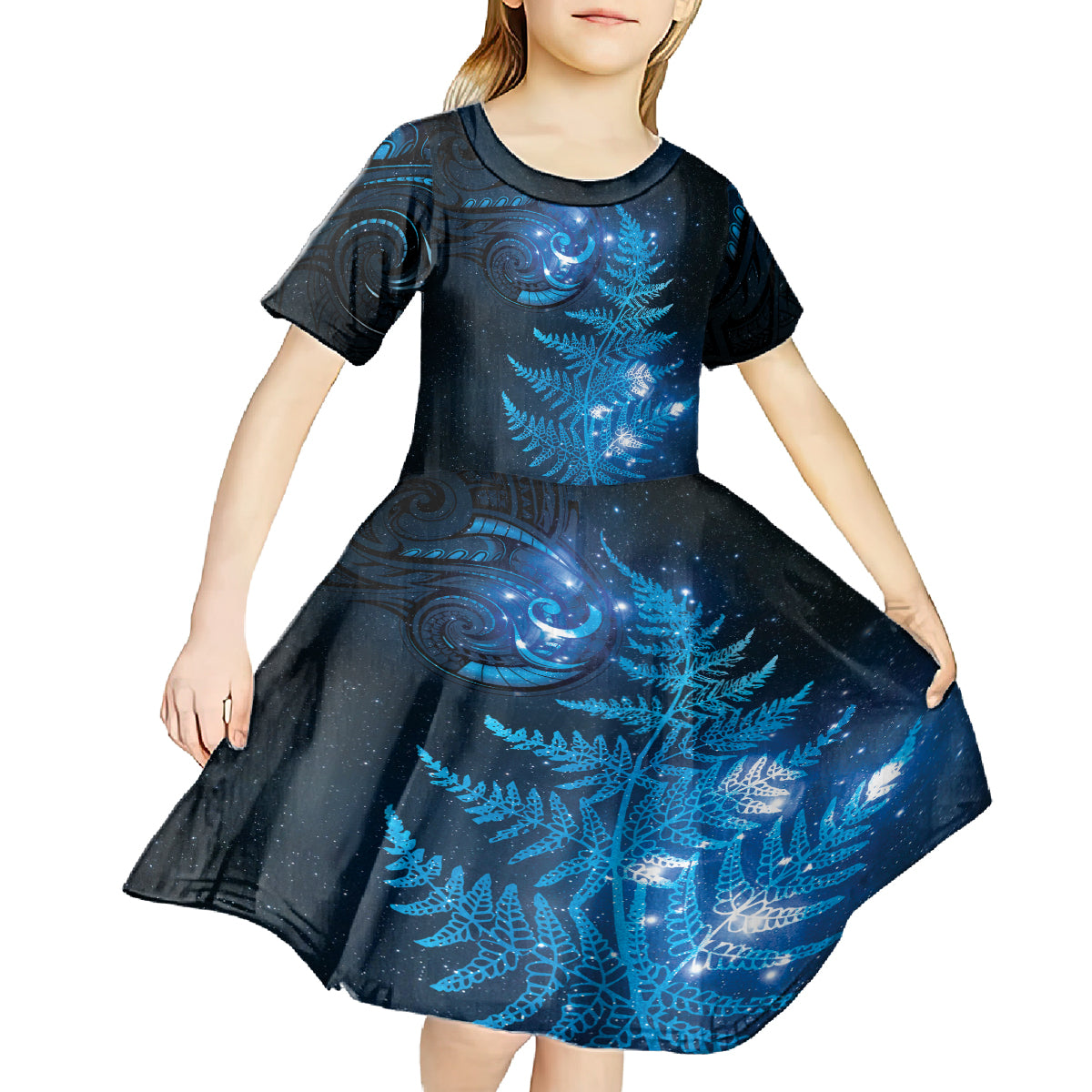 New Zealand Matariki Kid Short Sleeve Dress Blue Milky Way Stars Night Sky LT9 - Polynesian Pride