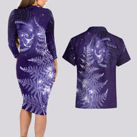 New Zealand Matariki Couples Matching Long Sleeve Bodycon Dress and Hawaiian Shirt Purple Milky Way Stars Night Sky LT9 - Polynesian Pride