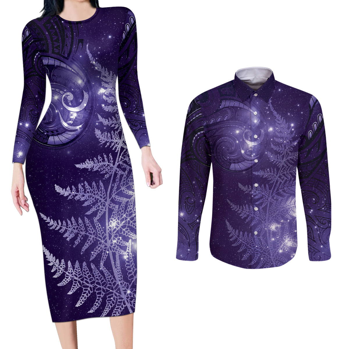 New Zealand Matariki Couples Matching Long Sleeve Bodycon Dress and Long Sleeve Button Shirt Purple Milky Way Stars Night Sky LT9 Purple - Polynesian Pride