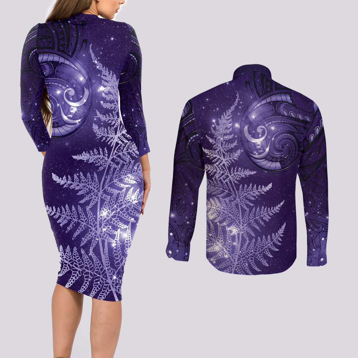 New Zealand Matariki Couples Matching Long Sleeve Bodycon Dress and Long Sleeve Button Shirt Purple Milky Way Stars Night Sky LT9 - Polynesian Pride