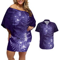 New Zealand Matariki Couples Matching Off Shoulder Short Dress and Hawaiian Shirt Purple Milky Way Stars Night Sky LT9 Purple - Polynesian Pride
