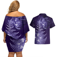 New Zealand Matariki Couples Matching Off Shoulder Short Dress and Hawaiian Shirt Purple Milky Way Stars Night Sky LT9 - Polynesian Pride
