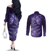 New Zealand Matariki Couples Matching Off The Shoulder Long Sleeve Dress and Long Sleeve Button Shirt Purple Milky Way Stars Night Sky LT9 - Polynesian Pride
