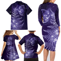 New Zealand Matariki Family Matching Long Sleeve Bodycon Dress and Hawaiian Shirt Purple Milky Way Stars Night Sky
