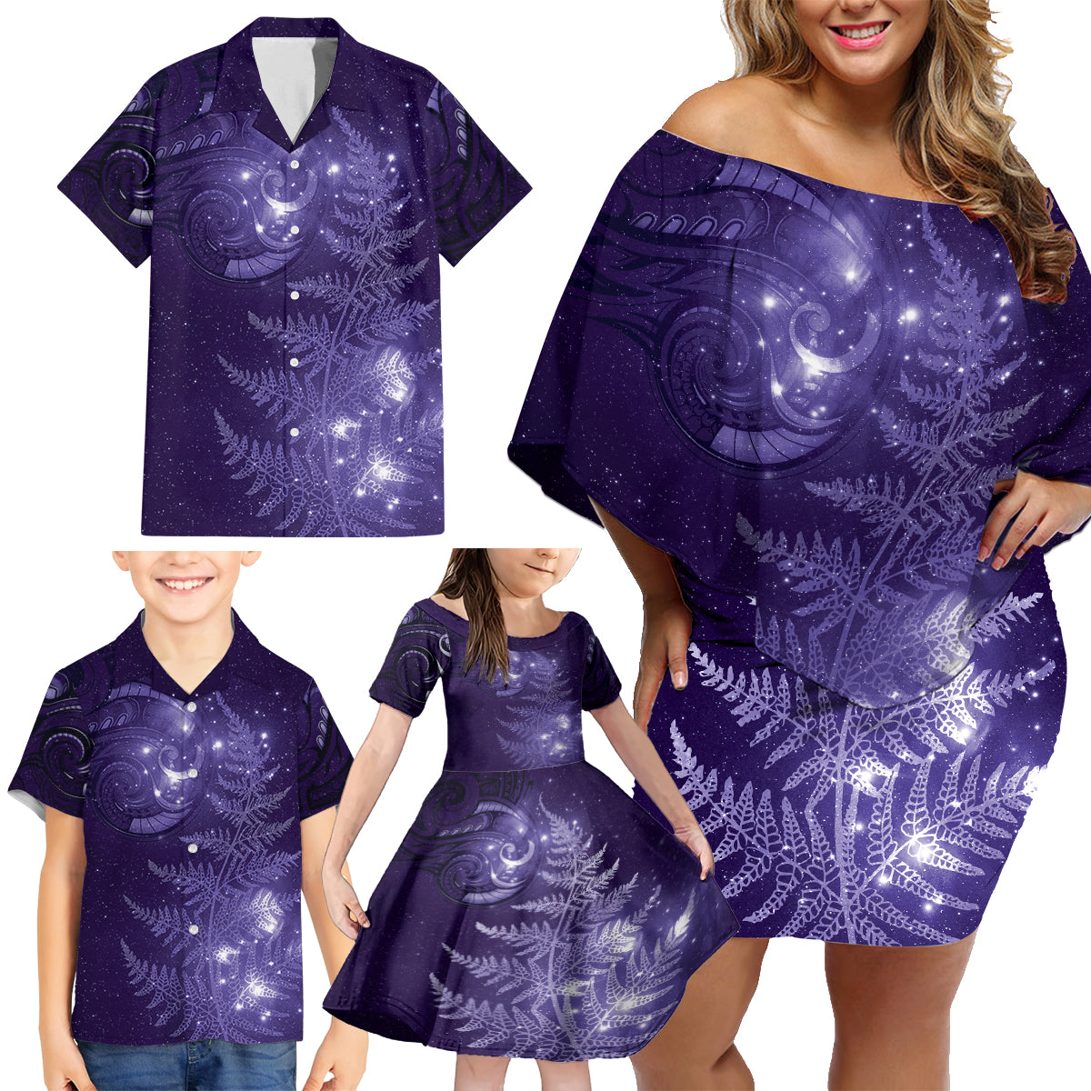 New Zealand Matariki Family Matching Off Shoulder Short Dress and Hawaiian Shirt Purple Milky Way Stars Night Sky LT9 - Polynesian Pride