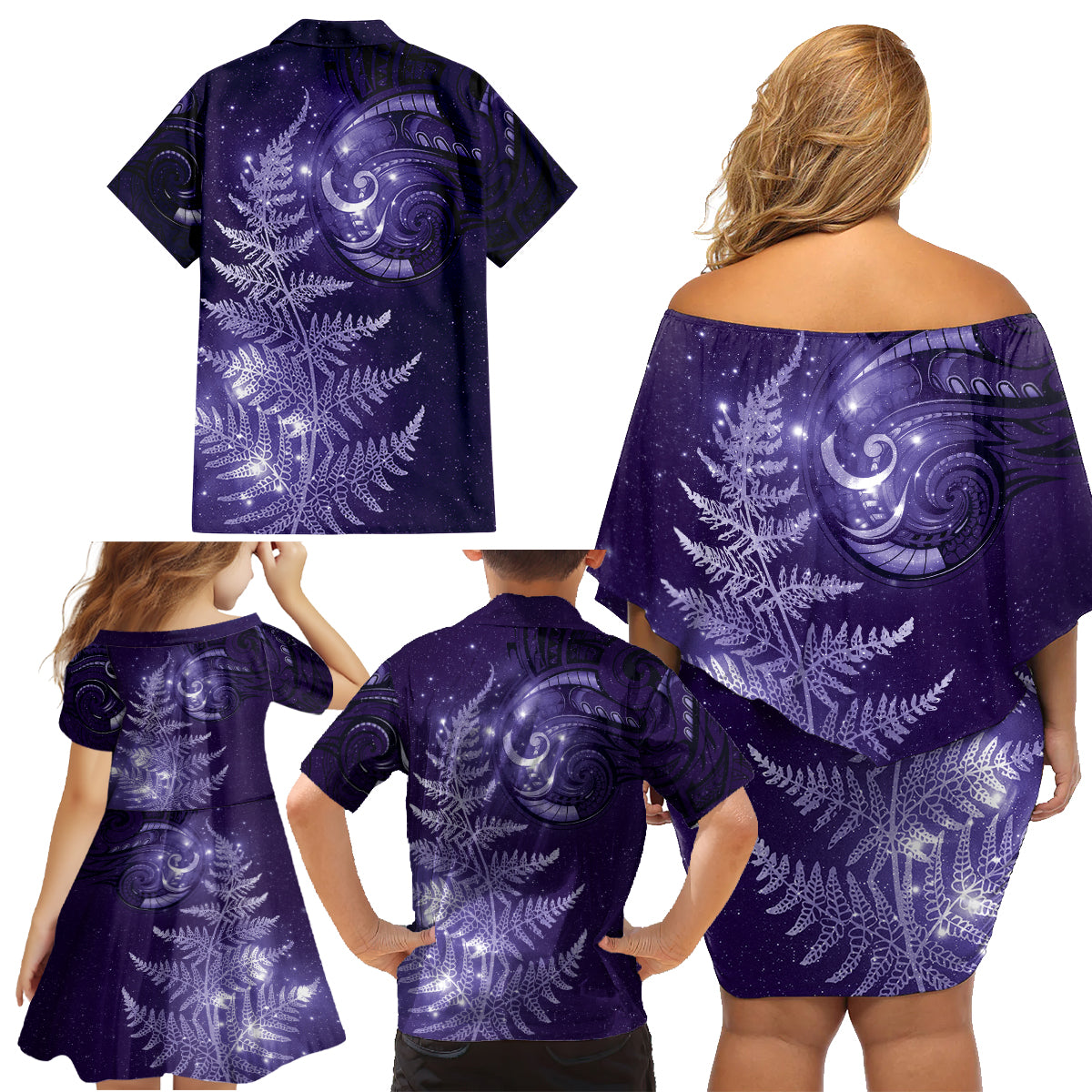New Zealand Matariki Family Matching Off Shoulder Short Dress and Hawaiian Shirt Purple Milky Way Stars Night Sky LT9 - Polynesian Pride