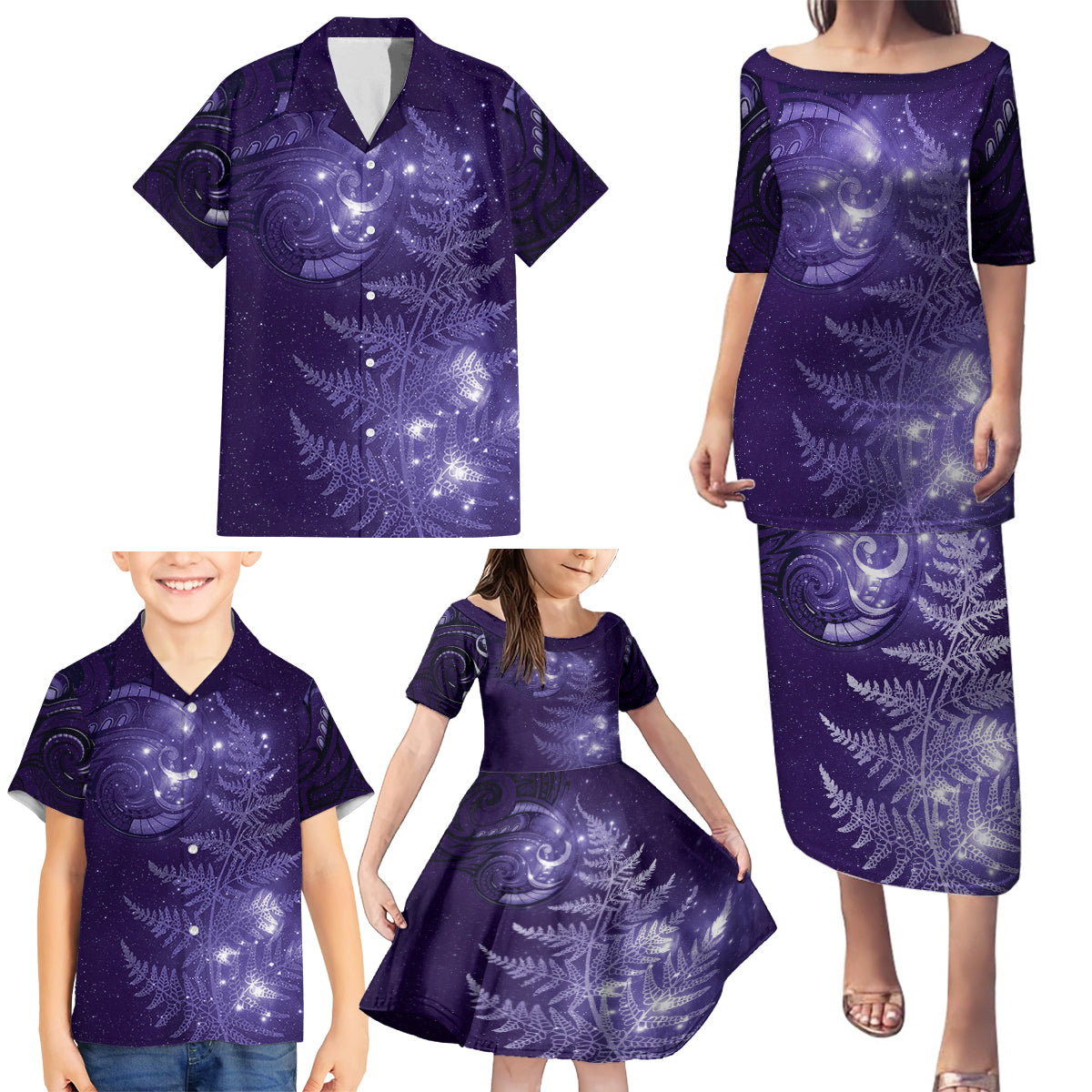 New Zealand Matariki Family Matching Puletasi and Hawaiian Shirt Purple Milky Way Stars Night Sky LT9 - Polynesian Pride