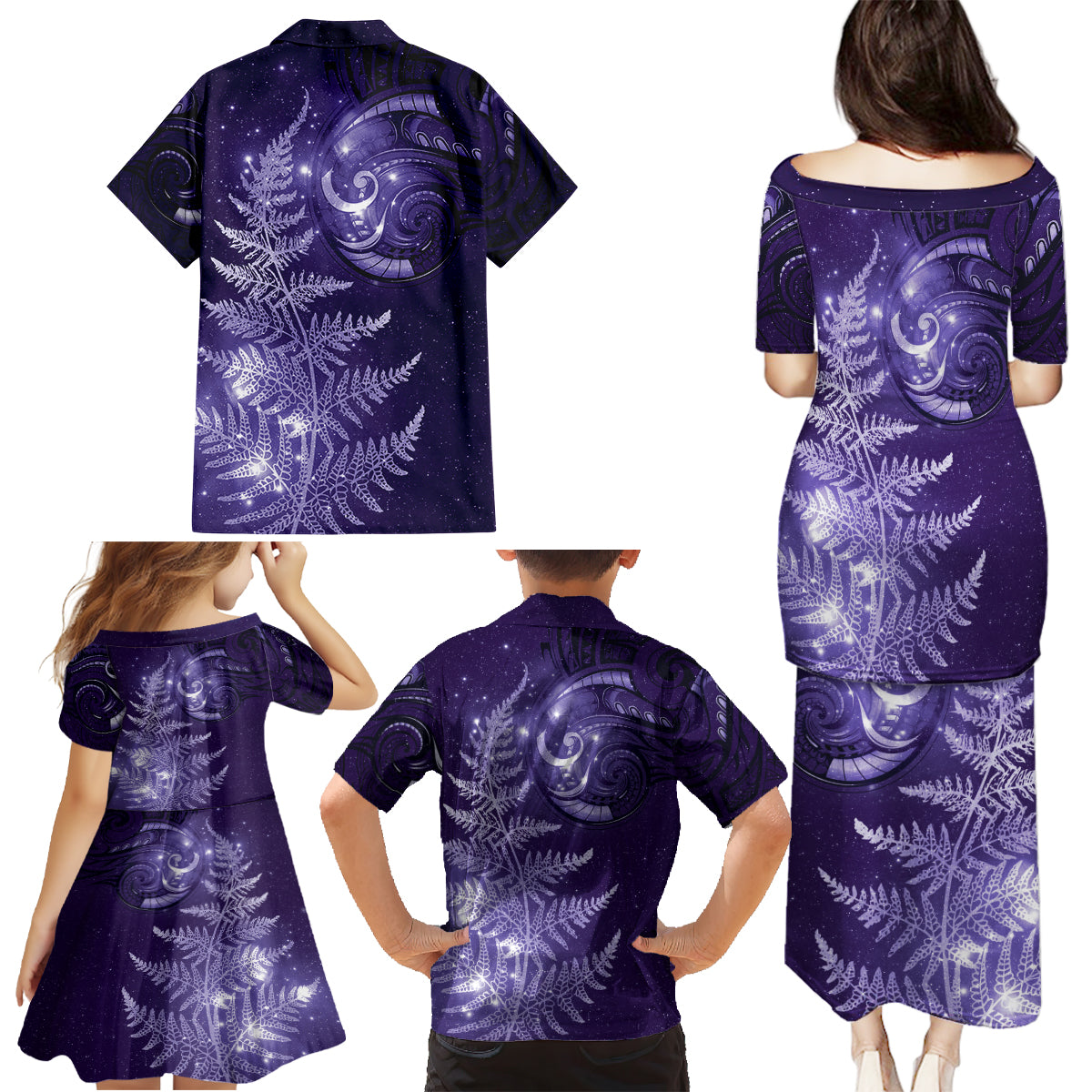 New Zealand Matariki Family Matching Puletasi and Hawaiian Shirt Purple Milky Way Stars Night Sky LT9 - Polynesian Pride