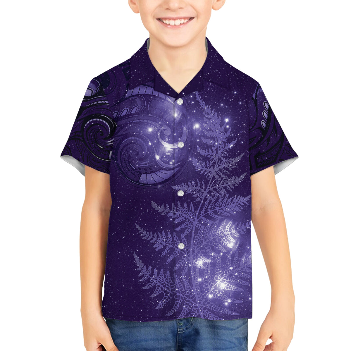 New Zealand Matariki Family Matching Puletasi and Hawaiian Shirt Purple Milky Way Stars Night Sky LT9 Son's Shirt Purple - Polynesian Pride