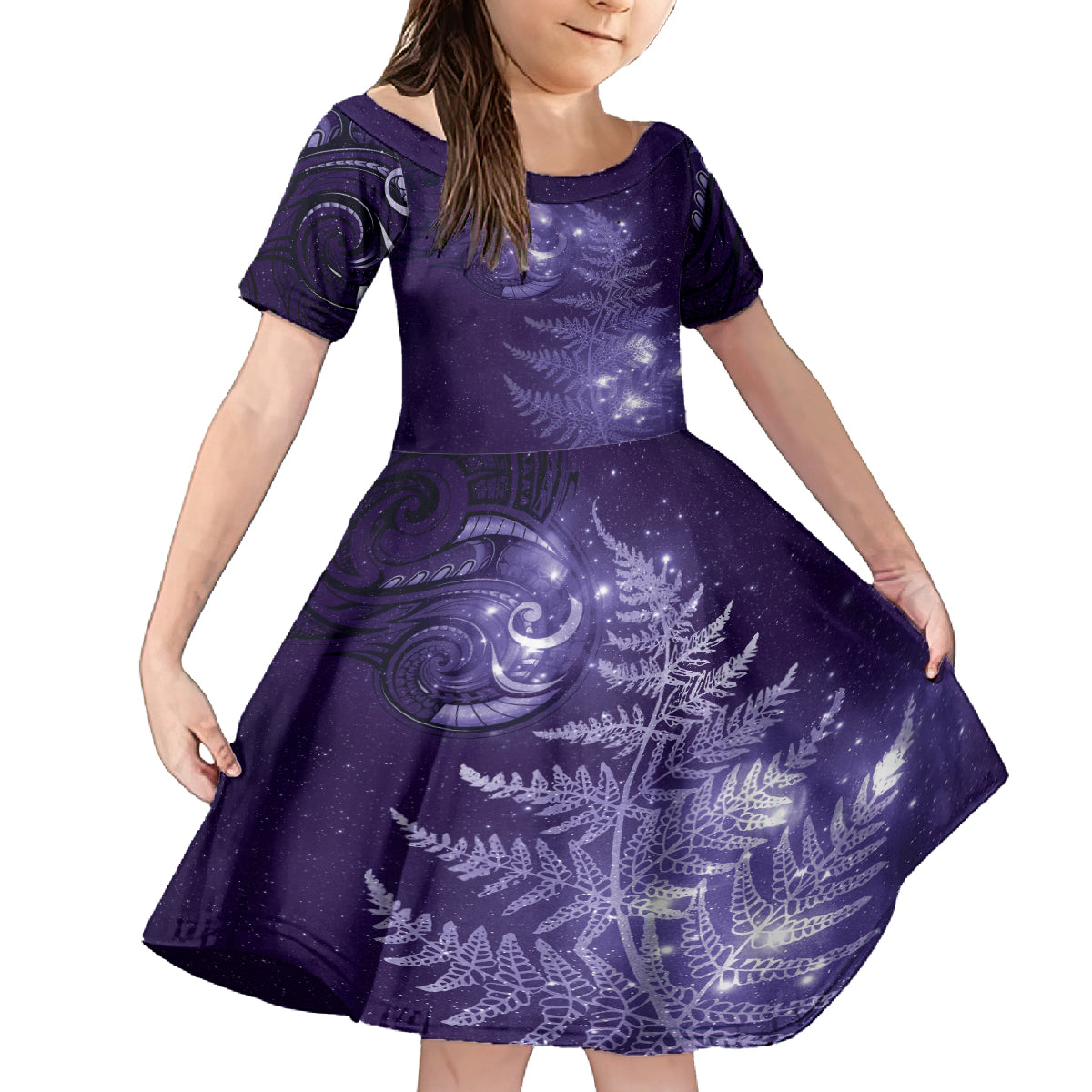 New Zealand Matariki Family Matching Summer Maxi Dress and Hawaiian Shirt Purple Milky Way Stars Night Sky LT9 Daughter's Dress Purple - Polynesian Pride