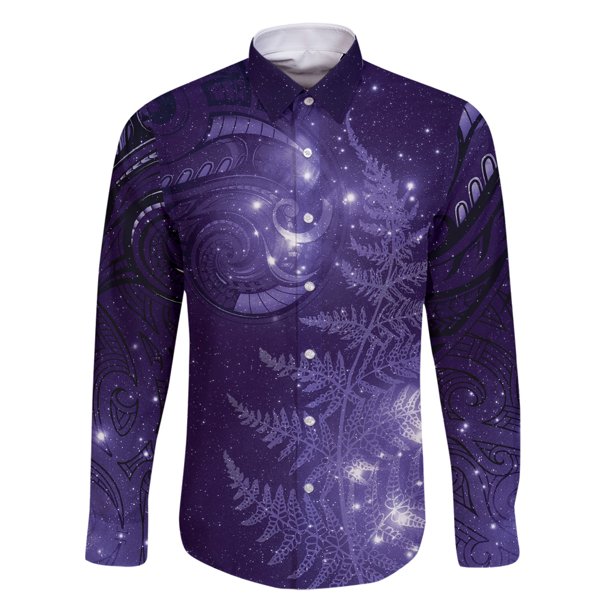 New Zealand Matariki Family Matching Tank Maxi Dress and Hawaiian Shirt Purple Milky Way Stars Night Sky LT9 Dad's Shirt - Long Sleeve Purple - Polynesian Pride