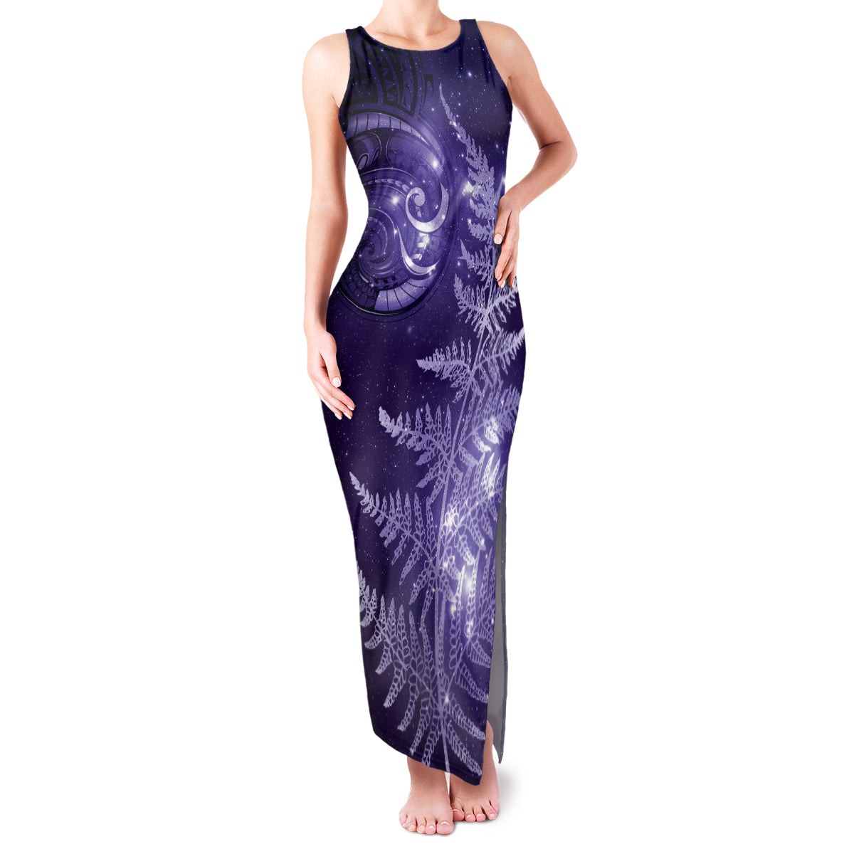 New Zealand Matariki Family Matching Tank Maxi Dress and Hawaiian Shirt Purple Milky Way Stars Night Sky LT9 Mom's Dress Purple - Polynesian Pride