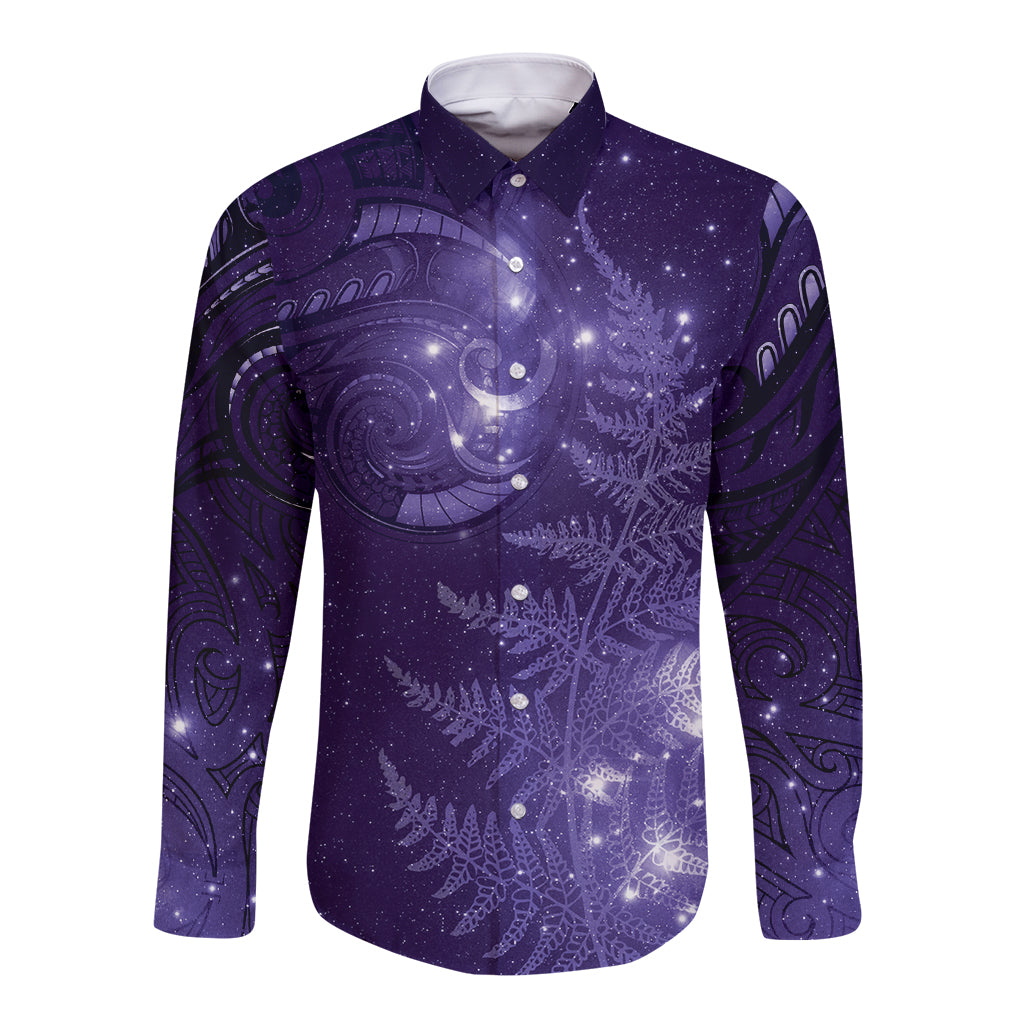 New Zealand Matariki Long Sleeve Button Shirt Purple Milky Way Stars Night Sky LT9 Unisex Purple - Polynesian Pride